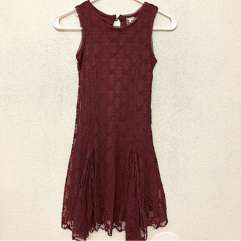 Btween Girls burgundy lace mesh floral formal sleeveless dress long maxi 8-10